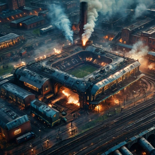 district 9,factories,steam locomotives,chemical plant,industrial landscape,destroyed city,refinery,industrial smoke,combined heat and power plant,steel mill,steam power,industrial ruin,industries,train crash,model railway,digital compositing,post apocalyptic,industrial plant,katowice,manchester,Photography,General,Fantasy
