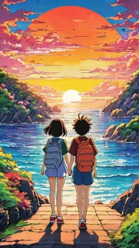 studio ghibli,summer background,hiyayakko,hold hands,would a background,hand in hand,beach walk,wallpapers,loving couple sunrise,holding hands,beach background,wallpaper,valentines day background,yo-kai,travel poster,wallpaper roll,sunset,lover's beach,sand road,retro background,Illustration,Japanese style,Japanese Style 04