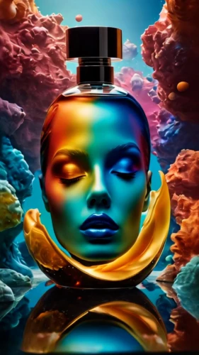 dali,computer art,lensball,cosmetics,perfume bottle,trip computer,fountain head,creating perfume,vapor,aura,head woman,dimensional,android inspired,oil cosmetic,cosmetic oil,psychedelic art,women's cosmetics,neon body painting,digiart,airbrushed