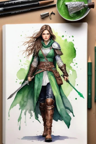 female warrior,celtic queen,green aurora,painting technique,caerula,merida,watercolor painting,pencil color,watercolor arrows,fantasy portrait,jade,watercolor,sage color,wind warrior,watercolor paint,aurora,joan of arc,warrior woman,watercolor sketch,fantasy warrior,Illustration,Paper based,Paper Based 01