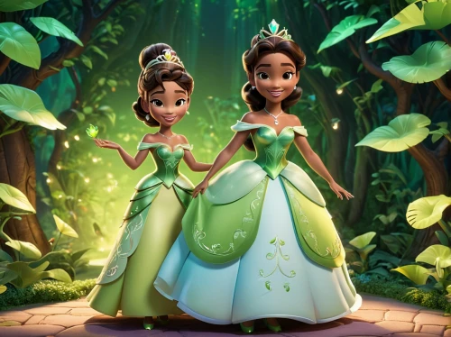 lilo,tiana,princesses,princess sofia,fairies,princess anna,fairytale characters,princess' earring,clones,tangled,fairy forest,parsley family,cartoon forest,disney,ball gown,jasmine,twins,triplet lily,twin flowers,in pairs,Unique,3D,3D Character