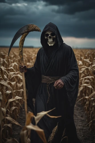 scythe,grimm reaper,grim reaper,reaper,dance of death,maize,wheat field,corn field,wheat crops,wheat fields,strand of wheat,corn stalks,grain field,forage corn,cornfield,scarecrow,death god,field of cereals,skeleltt,corn,Photography,General,Cinematic