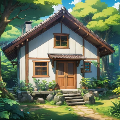 summer cottage,house in the forest,wooden house,studio ghibli,little house,small house,small cabin,cottage,house in the mountains,country cottage,house in mountains,beautiful home,traditional house,log cabin,the cabin in the mountains,ryokan,country house,house painting,home landscape,log home,Illustration,Japanese style,Japanese Style 03