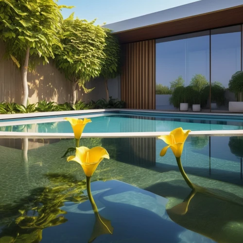 landscape designers sydney,landscape design sydney,golden lotus flowers,3d rendering,garden design sydney,yellow iris,lotus plants,mid century modern,water lotus,lotuses,mid century house,luxury property,infinity swimming pool,pool house,lily pads,yellow daylilies,yellow tulips,swimming pool,pond flower,nuphar lutea,Photography,General,Realistic