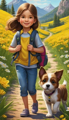 girl with dog,children's background,girl and boy outdoor,cute cartoon image,dog hiking,boy and dog,walking dogs,walk with the children,girl picking flowers,dog illustration,girl in flowers,kids illustration,dog walking,corgis,little girls walking,flower background,the pembroke welsh corgi,little girl in wind,springtime background,dog walker,Illustration,American Style,American Style 01