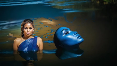 conceptual photography,water nymph,photoshop manipulation,photo manipulation,art photography,janmastami,photoshop creativity,photomanipulation,in water,blue painting,bodypainting,image manipulation,kerala,river of life project,cd cover,digital compositing,blue waters,girl with a dolphin,anushka shetty,by chaitanya k