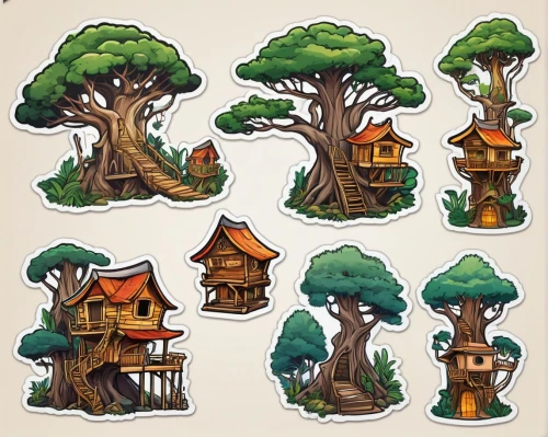 houses clipart,wooden houses,treehouse,tree house,birdhouses,stilt houses,tree house hotel,mushroom island,cartoon forest,hanging houses,mushroom landscape,fairy house,scandia gnomes,log home,escher village,wooden birdhouse,cottages,villages,fairy tale icons,houses,Unique,Design,Sticker