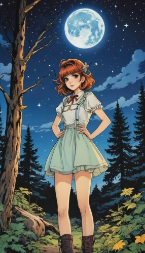 mikuru asahina,country dress,moon and star background,lunar,moon boots,anime japanese clothing,euphonium,violinist violinist of the moon,moonlit night,moonlit,moon shine,luna,fae,stars and moon,clear night,studio ghibli,moon night,forest clover,jupiter moon,mari makinami,Illustration,Realistic Fantasy,Realistic Fantasy 10