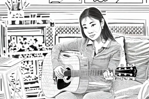 guitar player,guitar,playing the guitar,black and white recording,woman playing,acoustic guitar,folk music,music paper,buskin,live music,music studio,cavaquinho,music artist,kaew chao chom,guitarist,classical guitar,recording,acoustic,student with mic,musician,Design Sketch,Design Sketch,Character Sketch