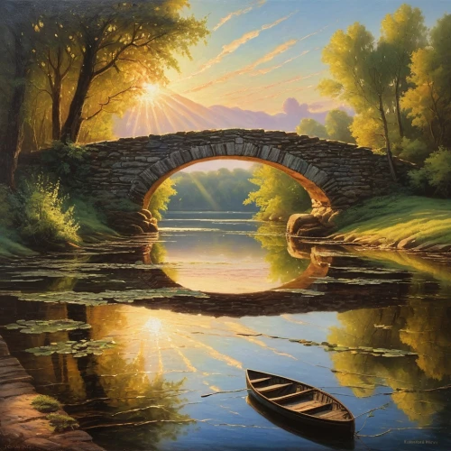 tied-arch bridge,stone bridge,arch bridge,bridge arch,river landscape,oil painting on canvas,dragon bridge,viola bridge,hangman's bridge,gapstow bridge,scenic bridge,stone arch,angel bridge,rainbow bridge,painting technique,old bridge,humpback bridge,devil's bridge,boat landscape,chapel bridge,Art,Classical Oil Painting,Classical Oil Painting 31