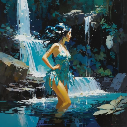 water nymph,waterfall,water fall,woman at the well,girl on the river,the blonde in the river,rusalka,bridal veil fall,waterfalls,cascading,cascade,water falls,merfolk,underwater oasis,blue hawaii,ilse falls,water-the sword lily,freshwater,wasserfall,blue painting,Conceptual Art,Oil color,Oil Color 07