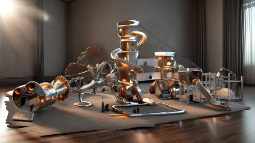 steel sculpture,vertical chess,futuristic art museum,kinetic art,biomechanical,experimental musical instrument,chess pieces,electric tower,molten metal,animal tower,3d render,floor lamp,industrial design,distillation,music instruments on table,cat tree of life,table lamps,stainless steel,3d fantasy,metal toys