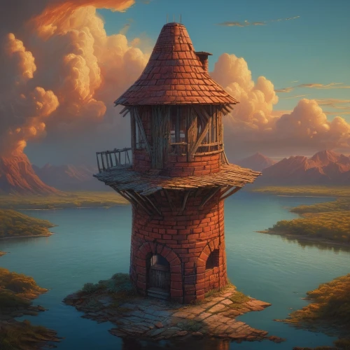 lookout tower,watchtower,fairy chimney,fire tower,observation tower,lifeguard tower,watertower,water tower,bird tower,tree house,lighthouse,fantasy landscape,animal tower,chimney,toll house,stone tower,blockhouse,tower of babel,tower,summit castle,Conceptual Art,Fantasy,Fantasy 01