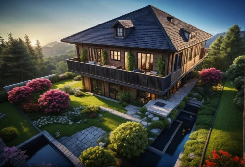 modern house,house in the mountains,house in mountains,wooden house,beautiful home,house in the forest,roof landscape,luxury home,large home,3d rendering,eco-construction,house roofs,small house,villa,two story house,bendemeer estates,grass roof,private house,house roof,luxury property