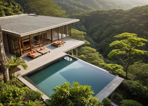 tropical house,infinity swimming pool,tropical greens,pool house,luxury property,tree house hotel,holiday villa,tropical jungle,roof landscape,beautiful home,eco hotel,house in the mountains,asian architecture,bali,southeast asia,house in mountains,indonesia,uluwatu,costa rica,japanese architecture,Photography,General,Realistic