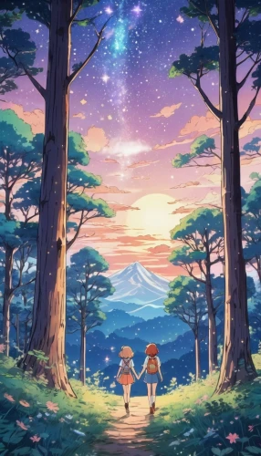 violet evergarden,starry sky,moon and star background,would a background,dream world,forest of dreams,background image,background screen,falling stars,forest background,starlight,star sky,children's background,fireflies,forest walk,romantic scene,travelers,landscape background,cg artwork,screen background,Illustration,Japanese style,Japanese Style 19