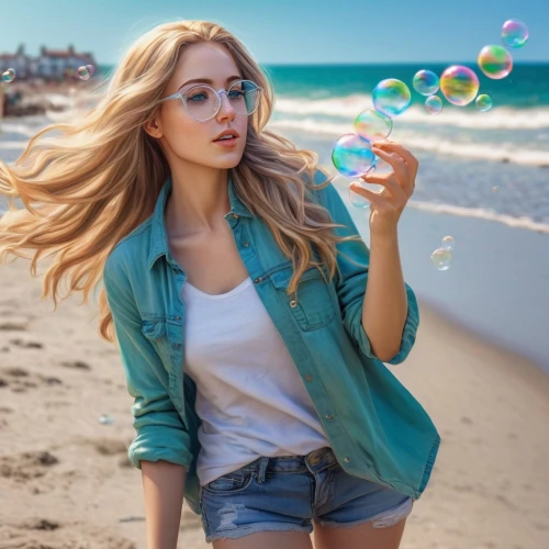 girl with speech bubble,blonde girl with christmas gift,beach background,bubble blower,color glasses,artificial hair integrations,lollipop,lollipops,cool blonde,inflates soap bubbles,blonde woman,photoshop manipulation,soap bubbles,with glasses,digital compositing,retro girl,social,blonde girl,colorful balloons,candy island girl,Illustration,Realistic Fantasy,Realistic Fantasy 30