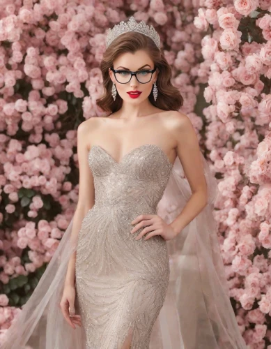 bridal clothing,wedding gown,bridal dress,wedding dress,wedding dresses,bridal party dress,bridal,quinceanera dresses,wedding glasses,lace round frames,silver wedding,wedding dress train,evening dress,strapless dress,ball gown,quinceañera,peach rose,debutante,fabulous,fairy queen,Photography,Realistic