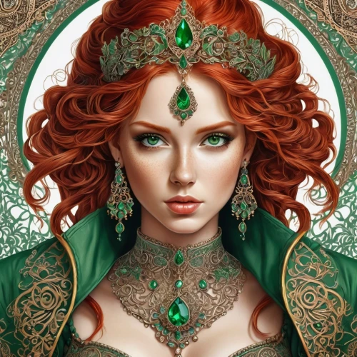 merida,celtic queen,fantasy portrait,emerald,the enchantress,anahata,sorceress,elven,poison ivy,caerula,fae,fantasy art,filigree,fantasy woman,green wreath,rusalka,green dragon,redheads,red-haired,priestess,Illustration,Black and White,Black and White 03