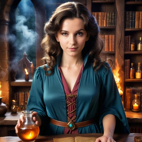 candlemaker,librarian,barmaid,clove,potions,sorceress,candle wick,elenor power,absinthe,female doctor,catarina,smouldering torches,women's novels,potion,flickering flame,the enchantress,fantasy woman,thomas heather wick,apothecary,fantasy picture,Photography,General,Cinematic