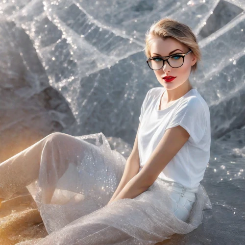 white silk,lace round frames,white winter dress,spider silk,tulle,silver framed glasses,see-through clothing,crystal glasses,spider net,ice queen,the blonde in the river,white clothing,widow spider,white swan,spiderweb,the snow queen,reading glasses,with glasses,ice hotel,white lady,Photography,Realistic