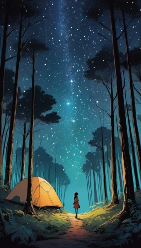 campsite,sci fiction illustration,fireflies,camping,forest of dreams,night scene,stargazing,adventure game,night stars,world digital painting,children's background,star wood,firefly,cartoon video game background,background image,the night sky,campground,starry sky,wilderness,wander,Illustration,Realistic Fantasy,Realistic Fantasy 16