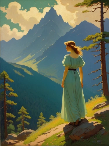 mountain scene,alpine meadows,the spirit of the mountains,girl in a long dress,mountain landscape,idyll,high landscape,landscape background,lev lagorio,salt meadow landscape,mountain spirit,alpine meadow,mountain meadow,girl with tree,summer day,montana,teton,green landscape,in the early summer,asher durand,Art,Classical Oil Painting,Classical Oil Painting 14