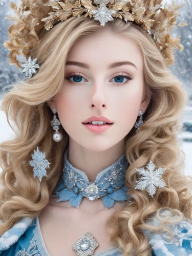 the snow queen,white rose snow queen,suit of the snow maiden,ice queen,ice princess,elsa,blue snowflake,fairy queen,winterblueher,fairy tale character,princess crown,cinderella,winter rose,beautiful bonnet,fantasy portrait,snow white,frozen,diadem,snowflake background,faery,Photography,Realistic