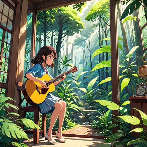 studio ghibli,serenade,tropical house,playing the guitar,guitar,summer day,musical background,playing room,listening to music,hideaway,girl studying,ukulele,hawaii bamboo,playing outdoors,acoustic,music background,music,conservatory,woman playing,cavaquinho,Anime,Anime,Traditional