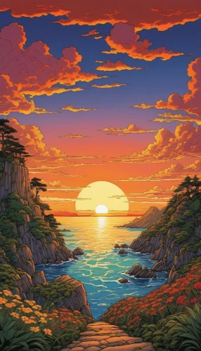 coast sunset,an island far away landscape,beach landscape,ocean paradise,tropics,coastal landscape,tropical sea,landscape background,sea landscape,dream beach,sunset beach,sunset,dolphin coast,sunrise beach,cartoon video game background,sun and sea,delight island,mountain sunrise,fiji,beach scenery,Illustration,American Style,American Style 01