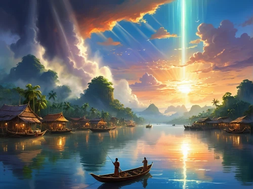 fantasy landscape,fantasy picture,boat landscape,landscape background,world digital painting,backwaters,an island far away landscape,fishing village,fantasy art,floating islands,floating huts,full hd wallpaper,futuristic landscape,canoes,polynesia,fishing float,beautiful landscape,river landscape,beautiful lake,underwater oasis,Illustration,Realistic Fantasy,Realistic Fantasy 01