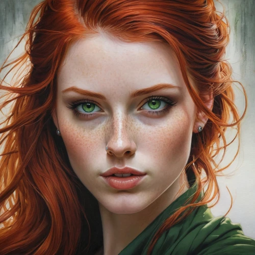 fantasy portrait,redheads,red-haired,green eyes,red head,redhead,fantasy art,redheaded,clary,romantic portrait,mystical portrait of a girl,celtic queen,fae,girl portrait,elven,the enchantress,merida,redhair,young woman,redhead doll,Illustration,Paper based,Paper Based 02