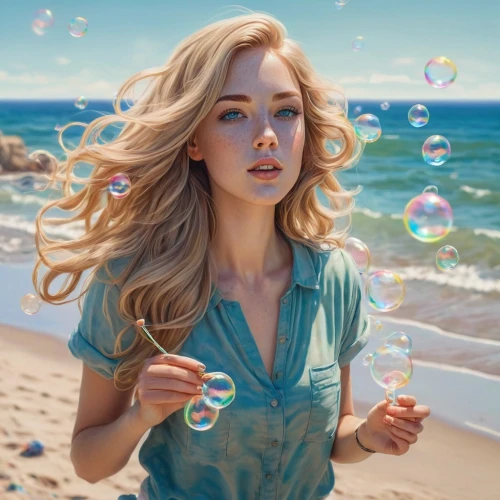 bubble blower,bubbles,bubble,soap bubbles,bubbletent,colorful balloons,blue balloons,sea,girl with speech bubble,ocean,mermaid background,malibu,soap bubble,think bubble,star balloons,water balloons,bubble gum,lensball,water pearls,blonde woman,Conceptual Art,Fantasy,Fantasy 32