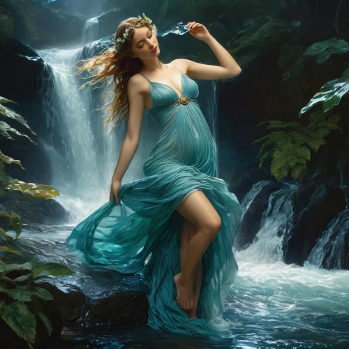 water nymph,celtic woman,fantasy picture,rusalka,the blonde in the river,faerie,water fall,flowing water,faery,girl on the river,fantasy art,blue enchantress,gracefulness,dryad,water flowing,cascading,merfolk,fairy queen,flowing,the enchantress,Conceptual Art,Fantasy,Fantasy 05