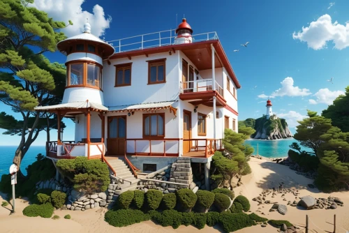 holiday villa,dunes house,seaside resort,house by the water,beach house,popeye village,holiday home,house of the sea,lifeguard tower,inverted cottage,summer cottage,render,beach hut,beach resort,summer house,3d render,3d rendering,villa,seaside country,tropical house,Photography,General,Realistic