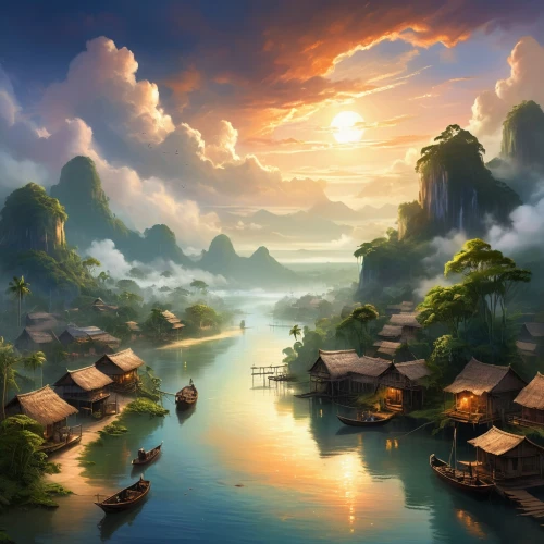 fantasy landscape,fishing village,landscape background,world digital painting,river landscape,ham ninh,floating huts,southeast asia,an island far away landscape,vietnam,viet nam,guilin,mekong,guizhou,oriental,floating islands,mountainous landscape,beautiful landscape,fantasy picture,home landscape,Illustration,Realistic Fantasy,Realistic Fantasy 01