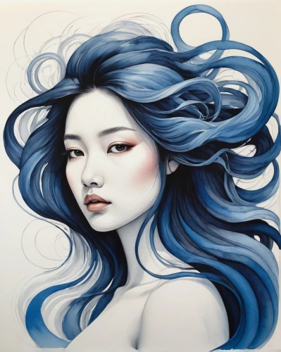 blue painting,junshan yinzhen,watercolor blue,jasmine blue,asian woman,shades of blue,water nymph,japanese waves,janome chow,silvery blue,bluebottle,blue rose,han thom,blue and white porcelain,wind wave,siren,mermaid vectors,ocean blue,blue water,azure,Illustration,Abstract Fantasy,Abstract Fantasy 03