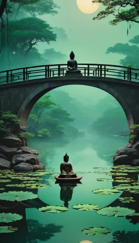 landscape background,japan landscape,tranquility,studio ghibli,world digital painting,water lotus,calm water,evening lake,tranquil,peaceful,romantic scene,lotus pond,chinese art,river landscape,japanese garden,frog background,chinese background,japanese background,cartoon video game background,dragon bridge,Photography,General,Realistic