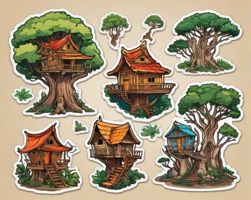 houses clipart,wooden houses,treehouse,cartoon forest,tree house,birdhouses,escher village,hanging houses,tree house hotel,fairy tale icons,stilt houses,houses,villages,mushroom island,scandia gnomes,animal stickers,cottages,mushroom landscape,house roofs,clipart sticker,Unique,Design,Sticker