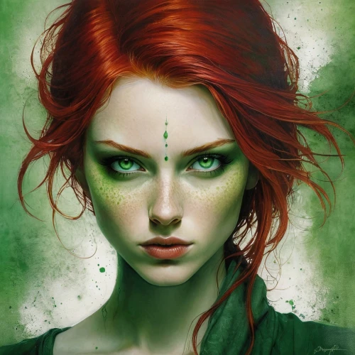 poison ivy,fantasy portrait,green skin,celtic queen,green eyes,clary,red and green,red-haired,fae,the enchantress,anahata,red head,vada,green wallpaper,green,redheads,emerald,rusalka,jaya,elven,Illustration,Paper based,Paper Based 18
