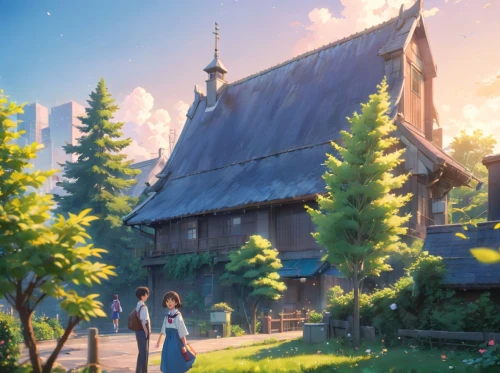 violet evergarden,euphonium,studio ghibli,summer evening,fairy tale,aurora village,dream world,a fairy tale,oktoberfest background,summer day,fairytale,fairy tale castle,landscape background,church painting,fantasy world,idyll,the evening light,disney-land,wooden houses,knight village,Anime,Anime,Realistic