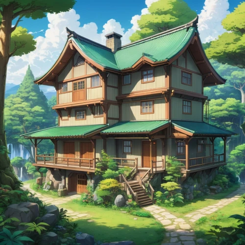 house in the forest,studio ghibli,wooden house,house in mountains,little house,house in the mountains,ancient house,small house,summer cottage,home landscape,wooden houses,traditional house,violet evergarden,country house,lonely house,beautiful home,tree house,private house,cottage,log home,Illustration,Japanese style,Japanese Style 03