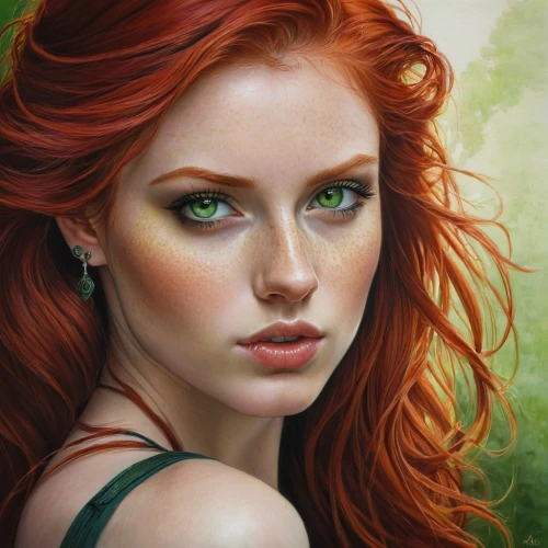 fantasy portrait,redheads,poison ivy,red-haired,clary,fantasy art,red head,green eyes,redheaded,redhead,fae,faery,romantic portrait,celtic queen,the enchantress,redhair,firestar,redhead doll,fantasy woman,celtic woman,Illustration,Paper based,Paper Based 02