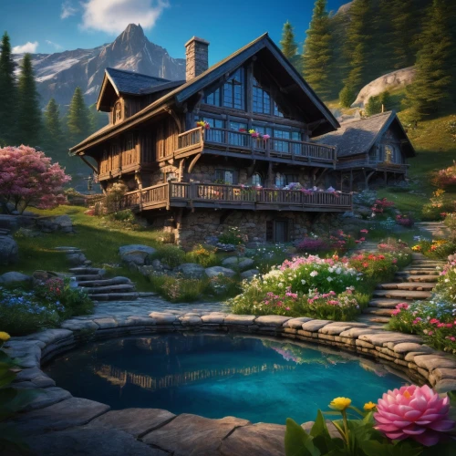 house in the mountains,house in mountains,the cabin in the mountains,summer cottage,beautiful home,alpine village,home landscape,house with lake,house in the forest,cottage,chalet,house by the water,idyllic,mountain settlement,wooden house,country cottage,traditional house,pool house,mountain village,private house,Photography,General,Fantasy