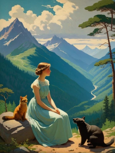 girl with dog,mountain scene,idyll,vintage art,ritriver and the cat,schipperke,high landscape,landscape background,heidi country,world digital painting,cat family,idyllic,mountain landscape,alpine marmot,the spirit of the mountains,hoary marmot,companion dog,cat lovers,whistler,cat european,Art,Classical Oil Painting,Classical Oil Painting 14