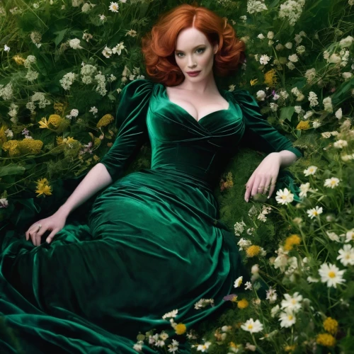 tilda,in green,vanity fair,green dress,lilly of the valley,poison ivy,emerald,lily of the field,girl lying on the grass,elizabeth i,green meadow,flora,green,maureen o'hara - female,celtic queen,green garden,secret garden of venus,elegance,girl in the garden,vogue,Illustration,Realistic Fantasy,Realistic Fantasy 37