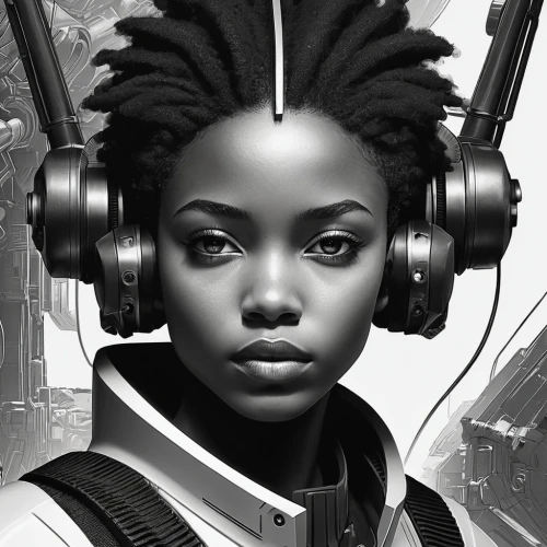 sci fiction illustration,vector girl,world digital painting,sci fi,cg artwork,futuristic,digital painting,sci-fi,sci - fi,cyborg,wireless headset,scifi,headset,headphones,coils,cyberpunk,wireless headphones,operator,digital art,graphite,Photography,Black and white photography,Black and White Photography 07