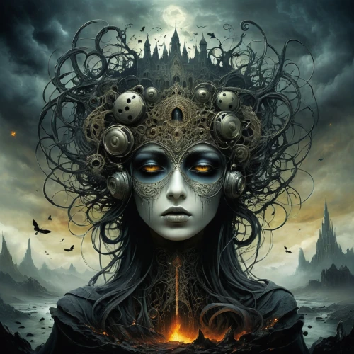 priestess,the enchantress,medusa,sorceress,fantasy art,gorgon,gothic portrait,divination,mirror of souls,mystical portrait of a girl,esoteric,shamanic,dark art,mysticism,fantasy portrait,crowned,queen of the night,horn of amaltheia,third eye,biomechanical,Illustration,Abstract Fantasy,Abstract Fantasy 14
