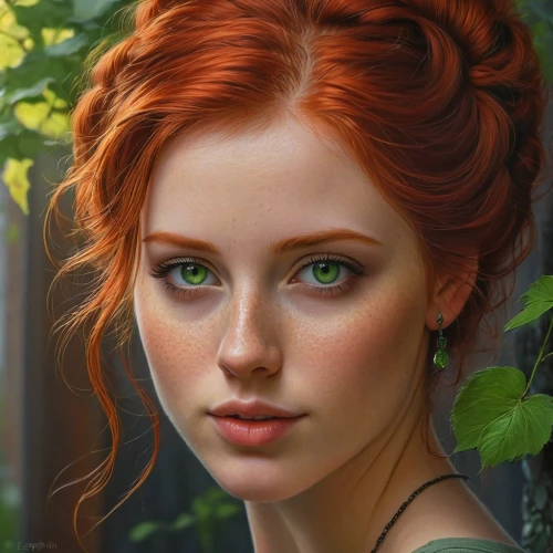 fantasy portrait,poison ivy,romantic portrait,red-haired,redheads,red head,girl portrait,merida,green eyes,portrait of a girl,fae,redhead,young woman,flora,orange rose,redhair,mystical portrait of a girl,woman portrait,redhead doll,redheaded,Illustration,Realistic Fantasy,Realistic Fantasy 27