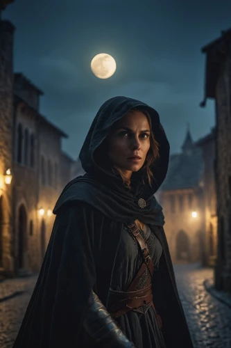 joan of arc,girl in a historic way,fantasy woman,medieval street,huntress,vampire woman,medieval,transylvania,night watch,biblical narrative characters,alba,artemisia,digital compositing,cloak,swordswoman,fantasy picture,sorceress,fantasy portrait,the witch,heroic fantasy,Photography,General,Cinematic